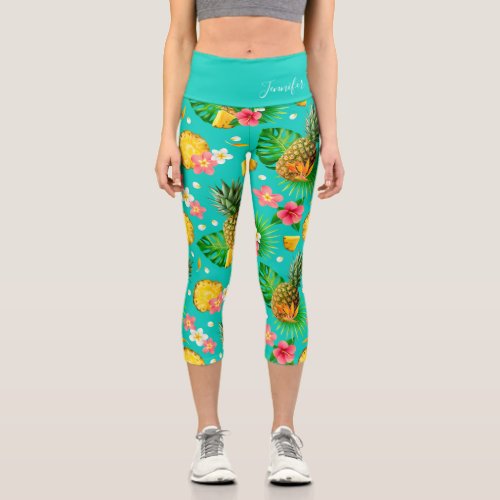 Tropical Pineapple Floral Personalized Name Capri Leggings