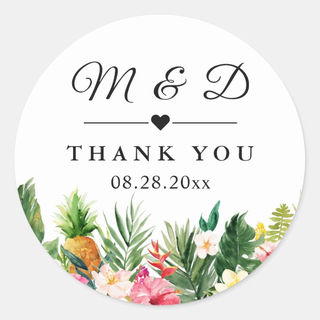 Tropical Pineapple Floral Wedding Favor Thank You Classic Round Sticker