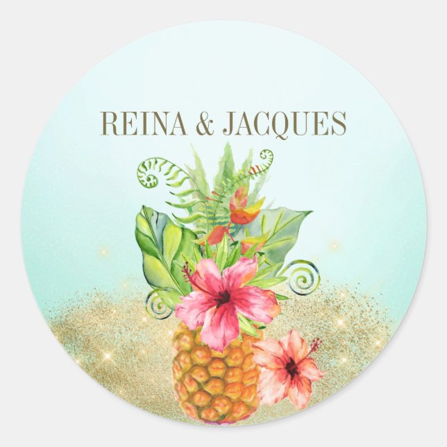 Tropical Pineapple Floral Wedding Seal Sticker (Front)