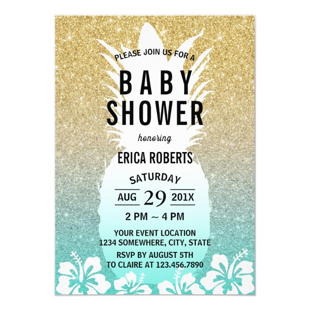 Tropical Pineapple Flower Gold Glitter Baby Shower Invitation