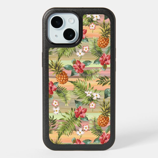 Tropical Pineapple Fruit Floral Stripes Pattern iPhone 15 Case (Back)