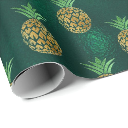 Tropical pineapple fruit gold deep green glass wrapping paper
