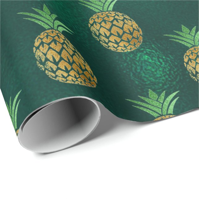 Tropical pineapple fruit gold deep green glass wrapping paper (Roll Corner)