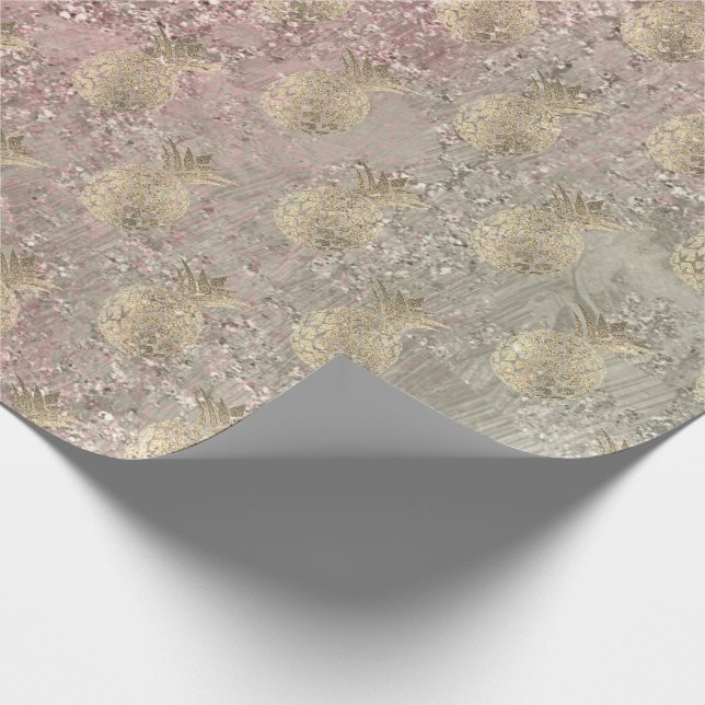 Tropical pineapple fruit gold ivory pink glass wrapping paper (Corner)