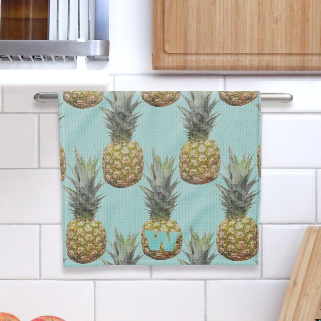 Tropical Pineapple Fruit Monogram Kitchen Towel (Because who doesn't love pineapples 🍍🍍 Queens of the kitchen! Just add your initial to this!)