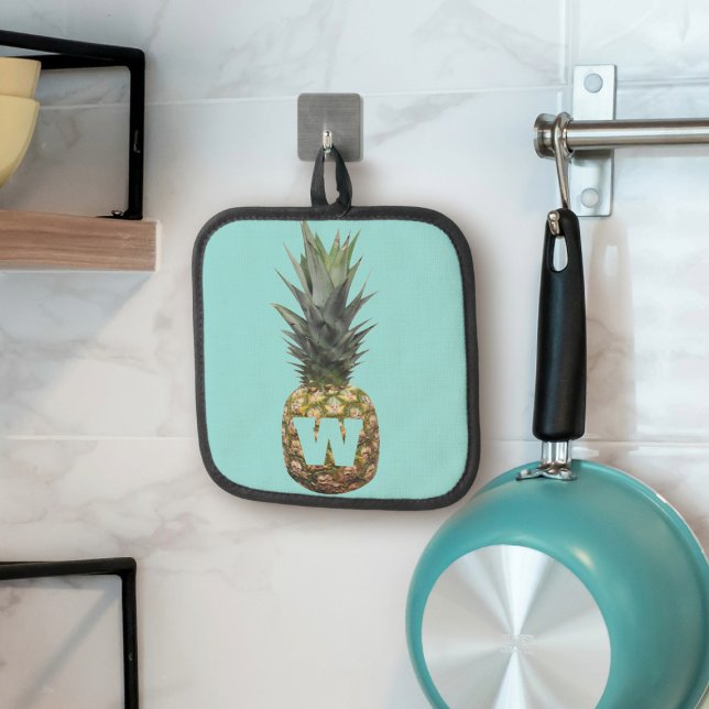Tropical Pineapple Fruit Monogram Pot Holder (Perfect pineapple pot holder with space for your initial)