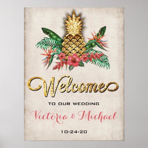 Tropical Pineapple Gold Glitter Wedding Sign
