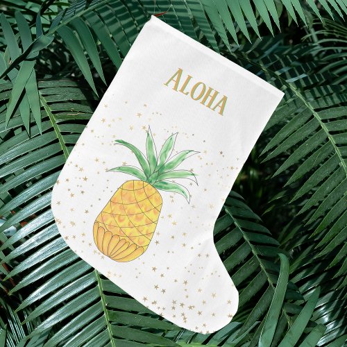 Tropical Pineapple Gold Stars Aloha Name Large Christmas Stocking