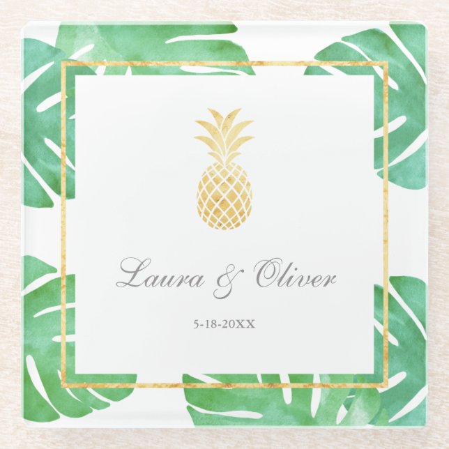 Tropical Pineapple Gold Wedding Glass Coaster (Front)