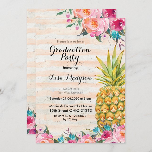 Tropical Pineapple Graduation Party card (Front/Back)