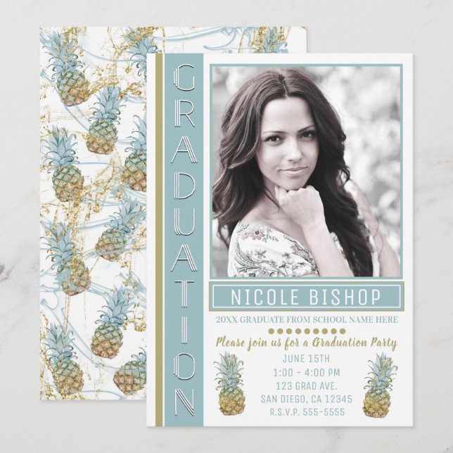 Tropical Pineapple Graduation Party Graduate Photo Invitation (Front/Back)