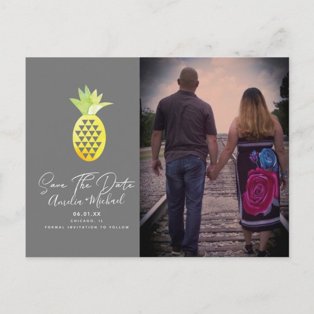 Tropical Pineapple Gray Save the Date Photo Postcard (Front)