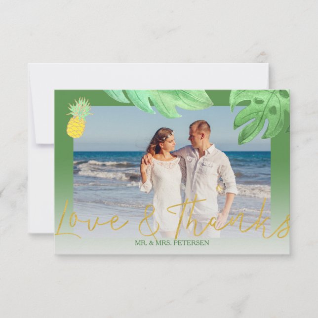 Tropical pineapple green wedding thank you photo (Front)