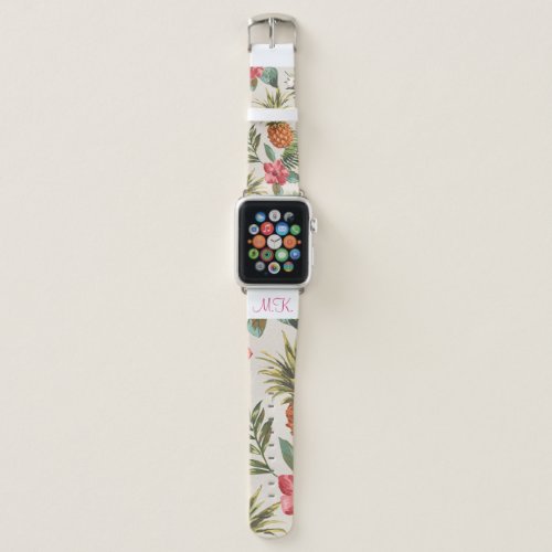 Tropical Pineapple Greenery  Pink Floral Monogram Apple Watch Band