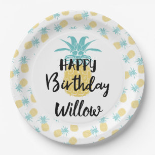 Tropical Pineapple Happy Birthday Luau Party Paper Plates