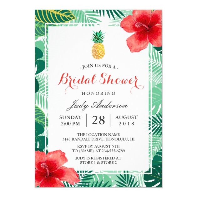 Tropical Pineapple Hawaiian Hibiscus Bridal Shower Invitation