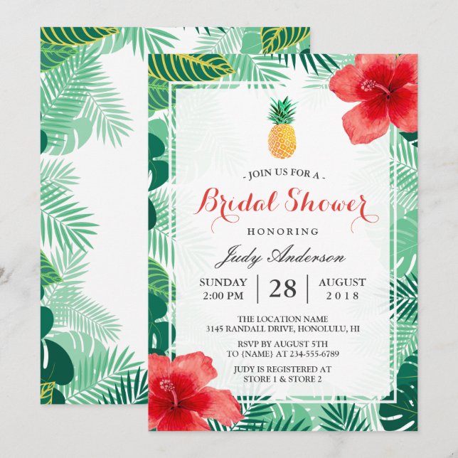Tropical Pineapple Hawaiian Hibiscus Bridal Shower Invitation (Front/Back)