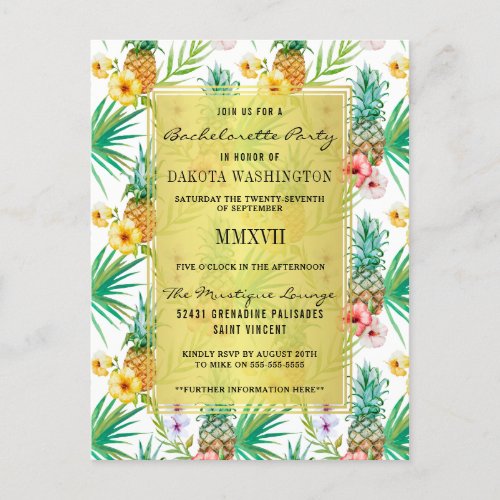 Tropical Pineapple  Hibiscus Bachelorette Party Invitation Postcard