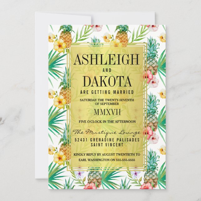 Tropical Pineapple & Hibiscus Destination Wedding Invitation (Front)