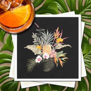 Tropical Pineapple Hibiscus Foliage on Black Napkins