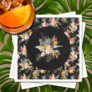 Tropical Pineapple Hibiscus Foliage on Black Napkins