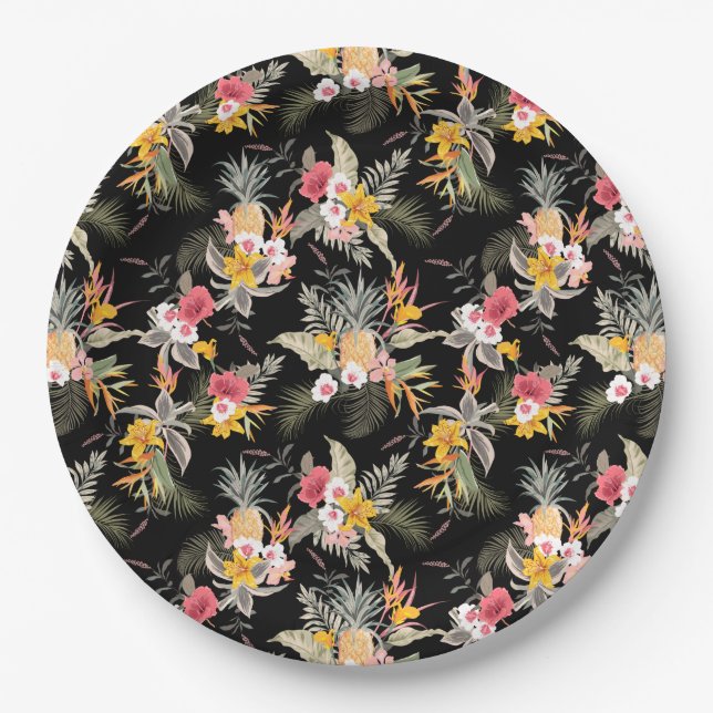 Tropical Pineapple Hibiscus Foliage on Black Paper Plates (Front)