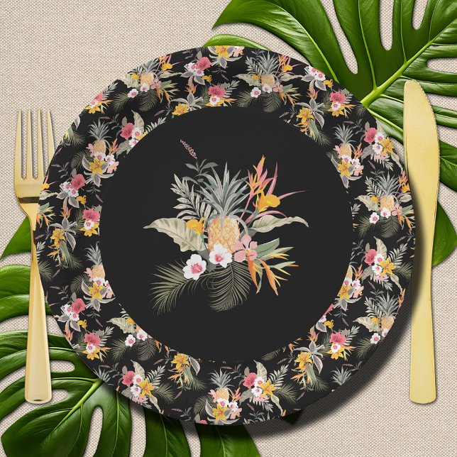 Tropical Pineapple Hibiscus Foliage on Black Paper Plates (Tropical Pineapple Hibiscus Foliage on Black Paper Plates)