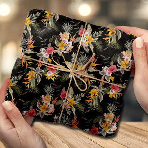 Tropical Pineapple Hibiscus Foliage on Black Tissue Paper