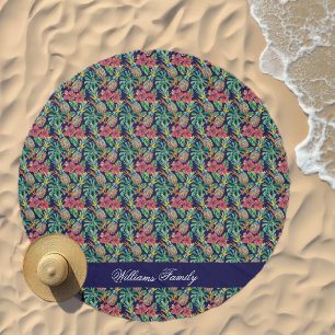 Tropical Pineapple Hibiscus Pattern Add Your Nam Beach Towel