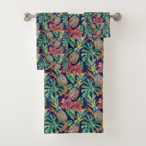 Tropical Pineapple Hibiscus Pattern Bath Towel Set