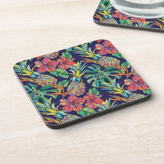 Tropical Pineapple Hibiscus Pattern Beverage Coaster (Left Side)