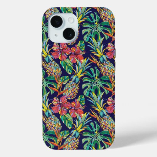 Tropical Pineapple Hibiscus Pattern iPhone 15 Case