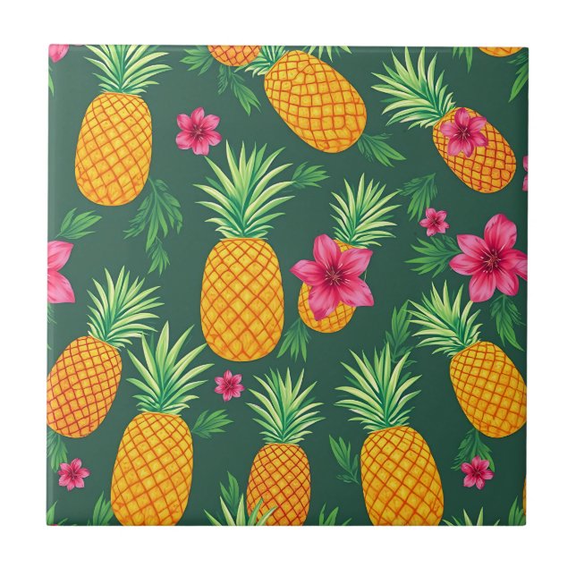 Tropical Pineapple Hibiscus Pattern Ceramic Tile (Front)