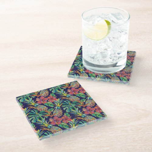 Tropical Pineapple Hibiscus Pattern Glass Coaster