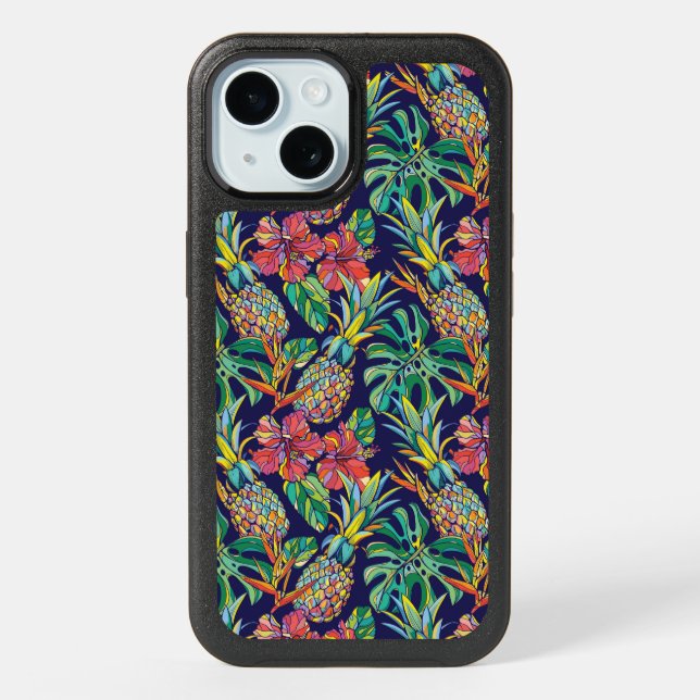 Tropical Pineapple Hibiscus Pattern iPhone 15 Case (Back)