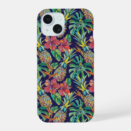 Tropical Pineapple Hibiscus Pattern iPhone 15 Case