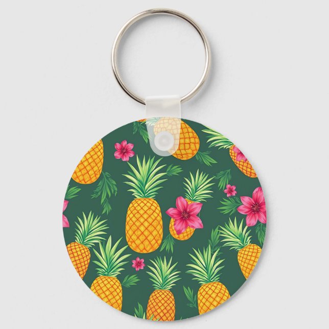 Tropical Pineapple Hibiscus Pattern Keychain (Front)