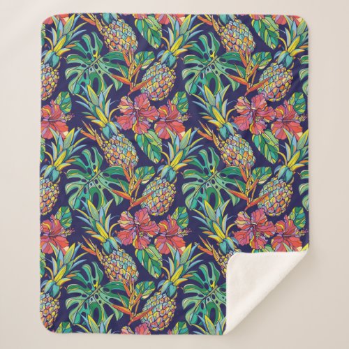 Tropical Pineapple Hibiscus Pattern Sherpa Blanket