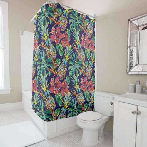 Tropical Pineapple Hibiscus Pattern Shower Curtain