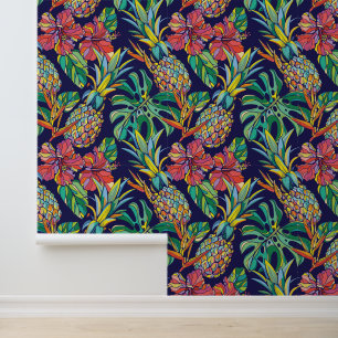 Tropical Pineapple Hibiscus Pattern Wallpaper