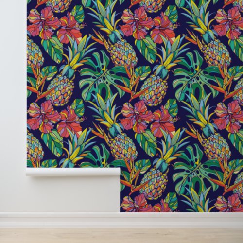 Tropical Pineapple Hibiscus Pattern Wallpaper