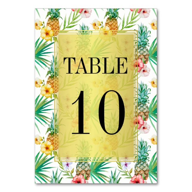 Tropical Pineapple & Hibiscus Wedding Table Number (Front)