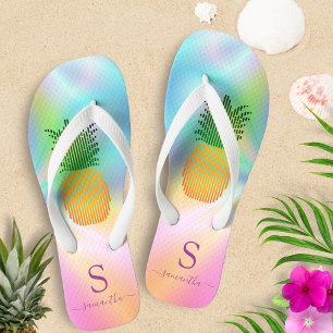 Tropical Pineapple Holographic Monogrammed Summer Flip Flops