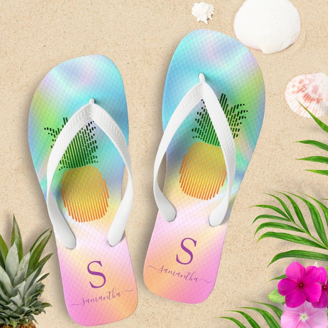 Tropical Pineapple Holographic Monogrammed Summer Flip Flops (Creator Uploaded)