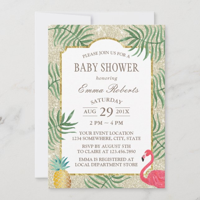 Tropical Pineapple Ivory Glitter Beach Baby Shower Invitation (Front)