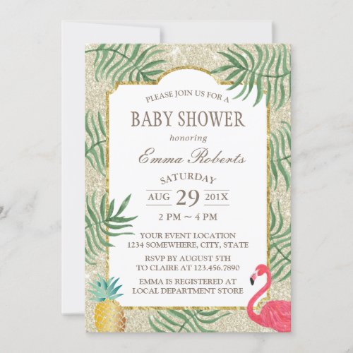 Tropical Pineapple Ivory Glitter Beach Baby Shower Invitation