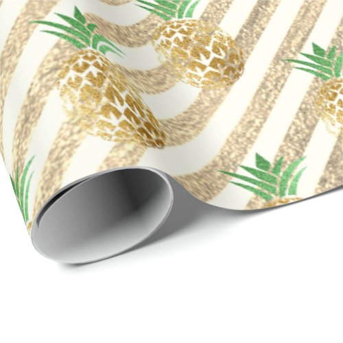 Tropical pineapple leafs green gold stripes white wrapping paper