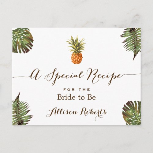 Tropical Pineapple Leaves Bridal Shower Recipe Postcard