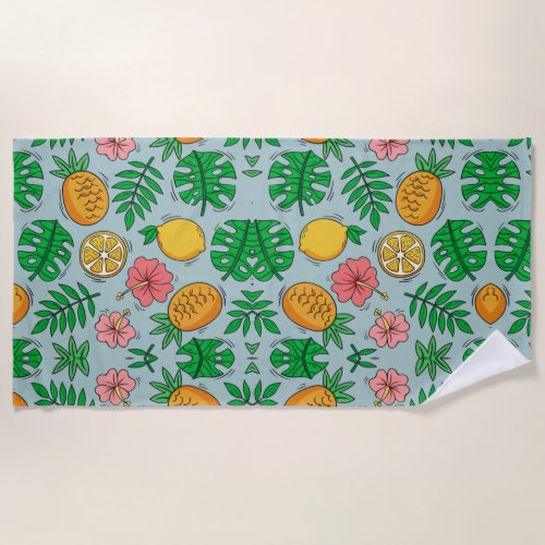tropical pineapple lemon and pink flower pattern beach towel