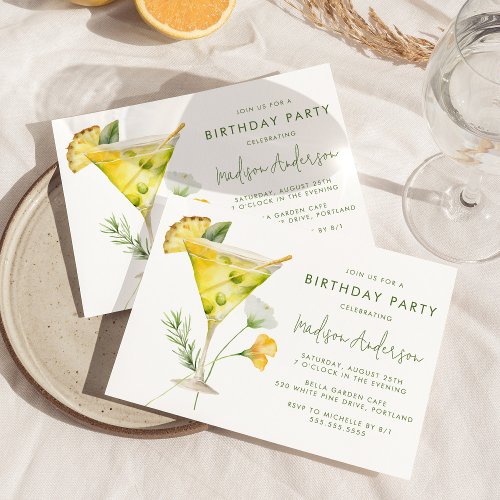 Tropical Pineapple Martini Cocktail Birthday Party Invitation